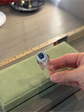 Silver Cocktail Ring with Deep Blue Center and Clear Halo
